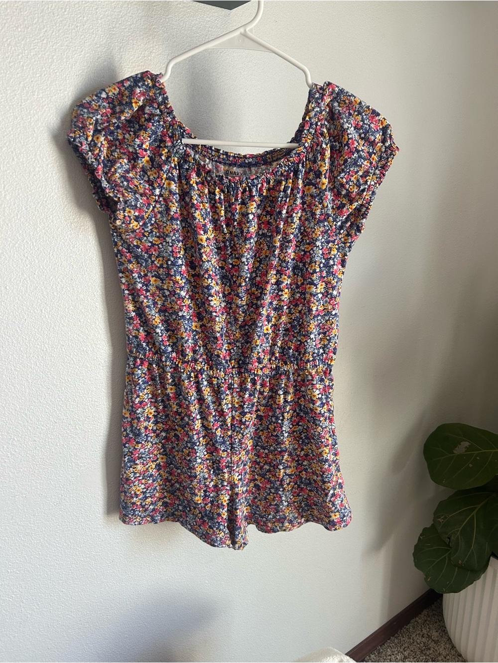 Old Navy Navy Floral Short Sleeve Romper with Multicolor Blossoms